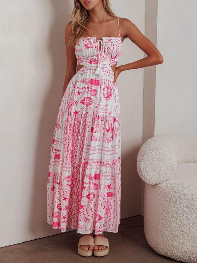 Pink & White Print Cut-Out Maxi Dress Summer Resort Style ALBI ROSE Pink & White Print Cut-Out Maxi Dress Summer Resort Style ALBI ROSE