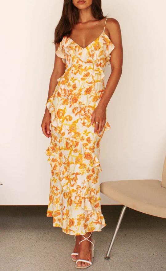 Marina Yellow Floral Print Dress with Straps