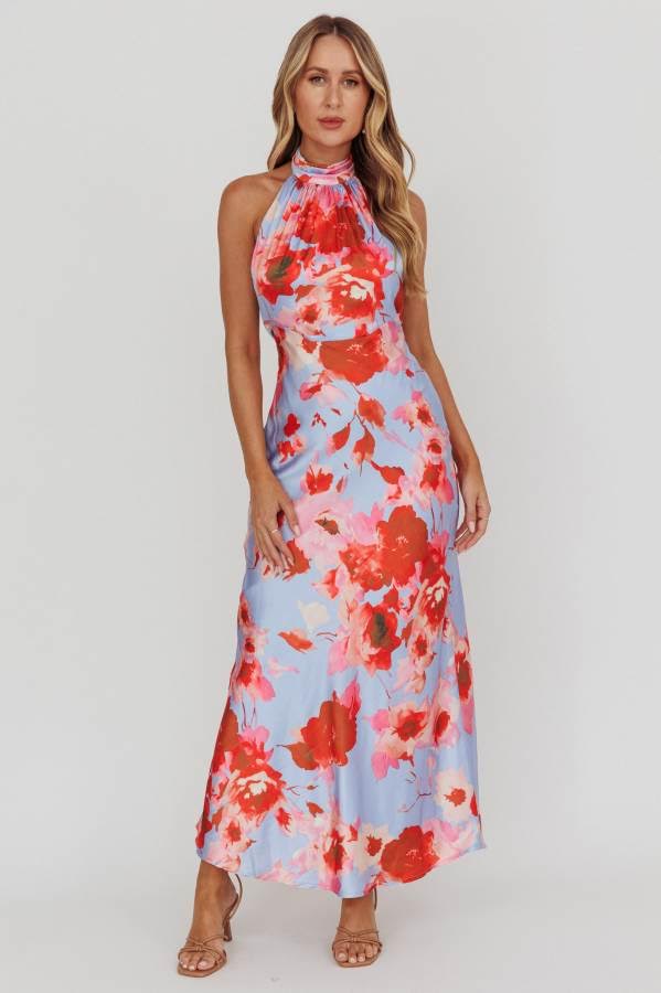 Alison Halterneck Maxi Dress Roses Blue