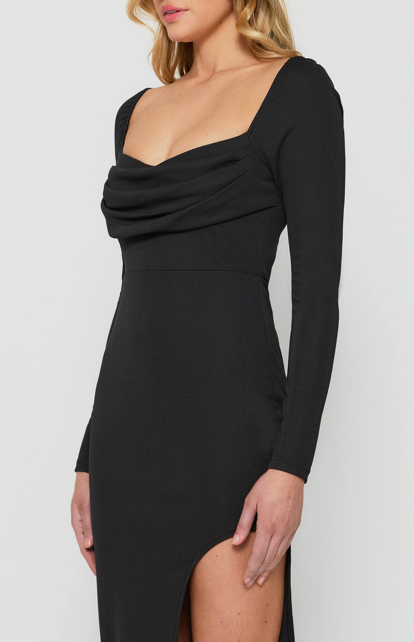 Draped Neckline Bodycon Dress with Curved Hem