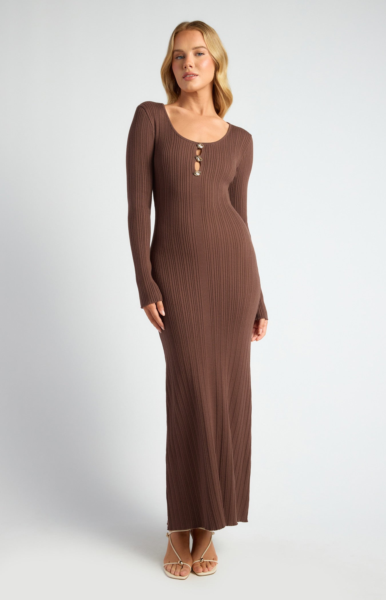 Cara Gold Feature Button And Keyhole Knit Midi Dress