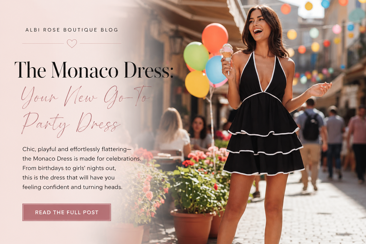 Woman wearing the Monaco black tiered halter mini dress at an outdoor celebration, showcasing the perfect party dress for summer events and special occasions.