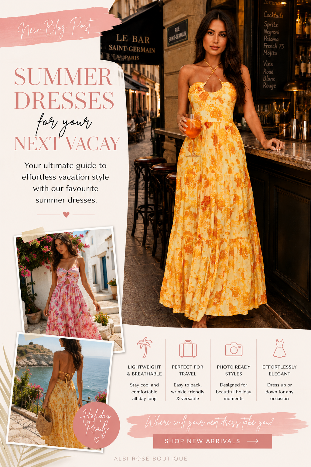Women's floral maxi dresses for summer vacations, featuring lightweight holiday dresses, European summer outfits, vacation fashion, beach holiday style, and elegant maxi dresses from Albi Rose Boutique Australia.