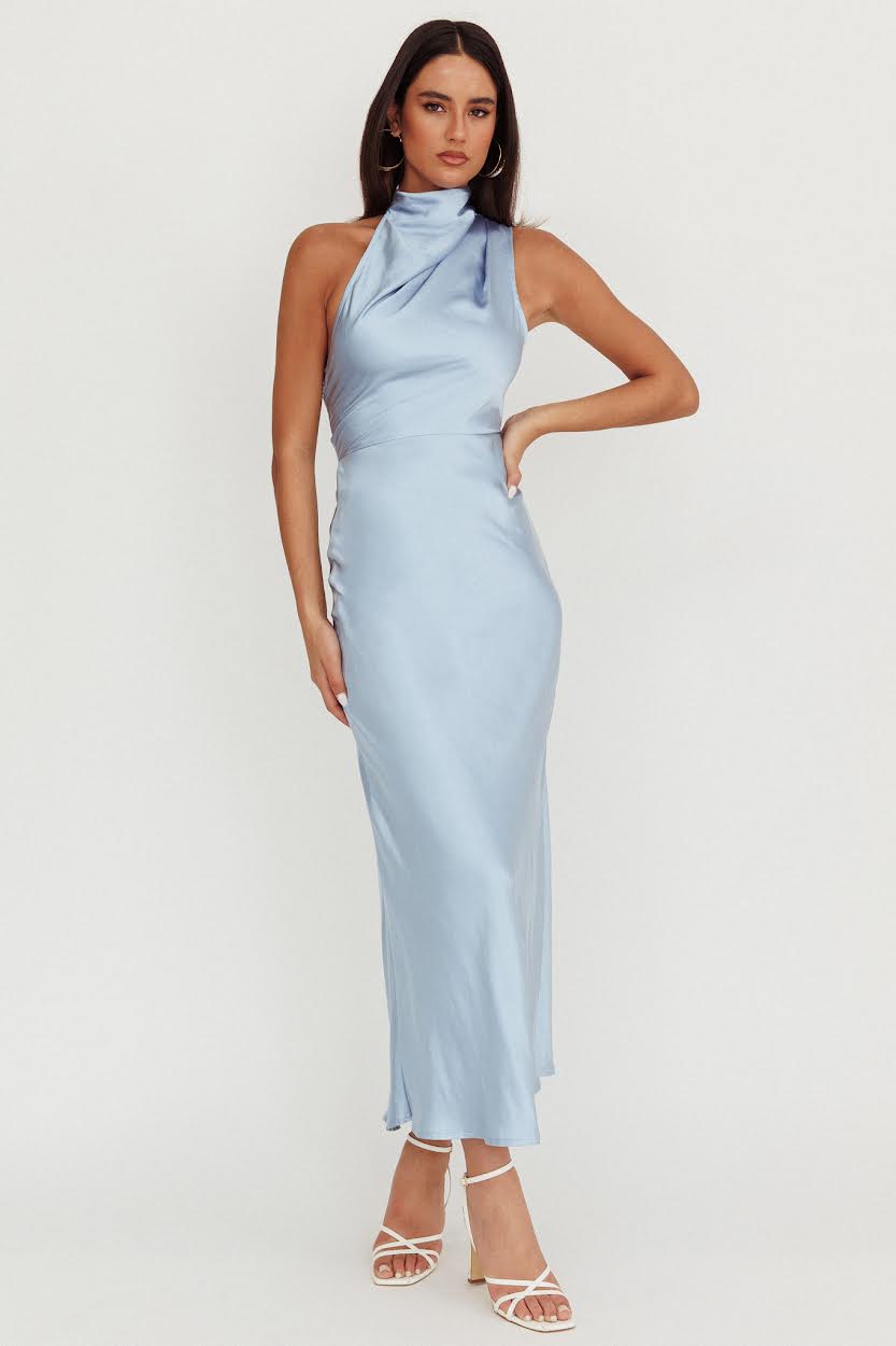 Blue Satin Halterneck Maxi Dress Back Drape Formal Evening Gown Sleeveless