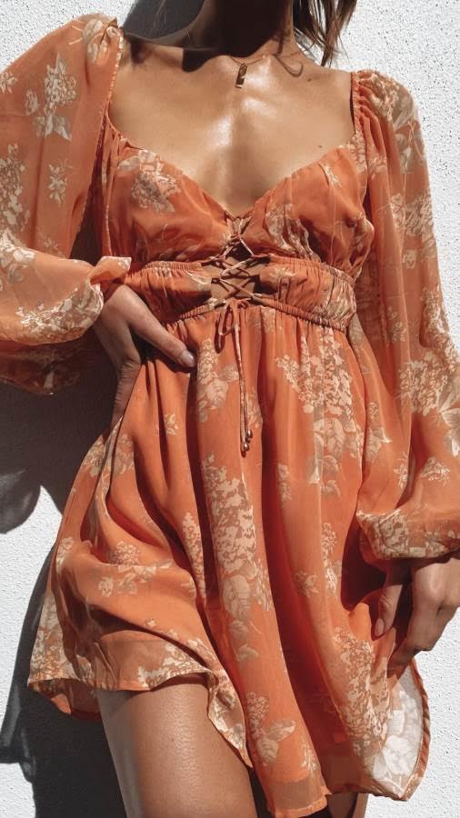 Chiffon Orange Floral Print Dress