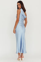 Blue Satin Halterneck Maxi Dress Back Drape Formal Evening Gown Sleeveless