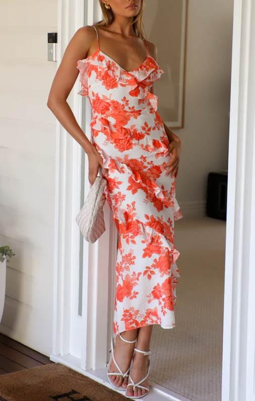 'Island Whisper' Frill Trim Orange Floral Maxi Dress