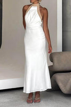 Alana Halter Neck Dress with Nude Trim