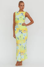 Adriana Yellow Open-Back Satin Maxi Dress – Floral, 60s Style