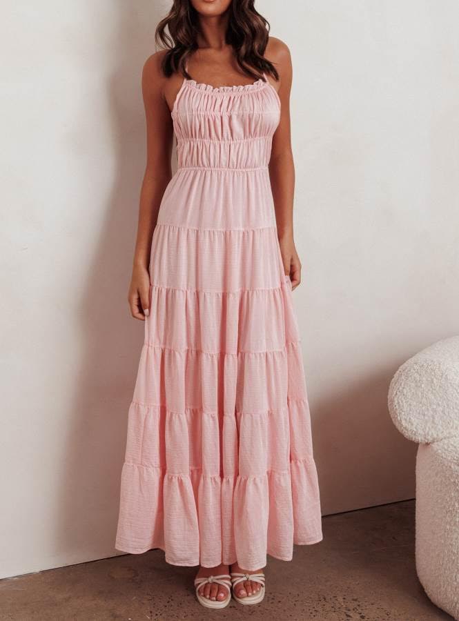 strapless open back dress Sienna' Soft Pink Tiered Maxi Dress – Lightweight Summer Dress – ALBI ROSE