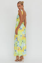 Adriana Yellow Open-Back Satin Maxi Dress – Floral, 60s Style