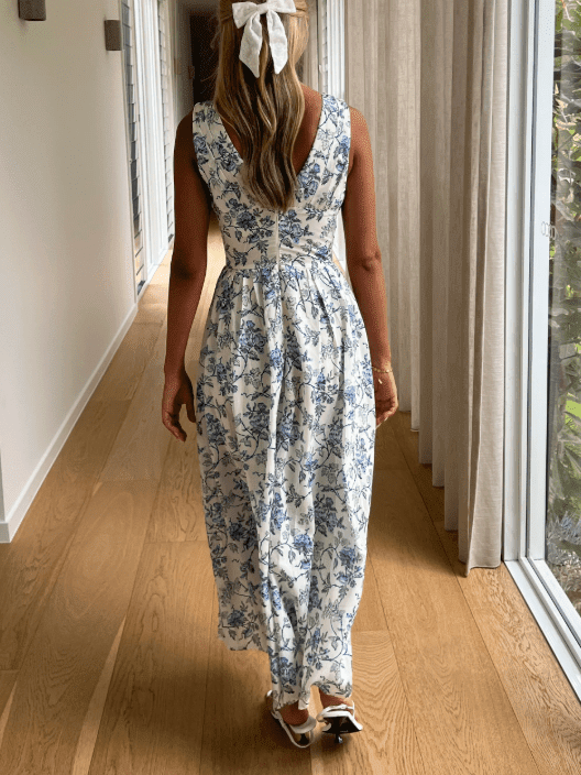 'Seaside' Blue Floral Basque Waist Maxi Dress 10 'Seaside' Blue Floral Basque Waist Maxi Dress 10