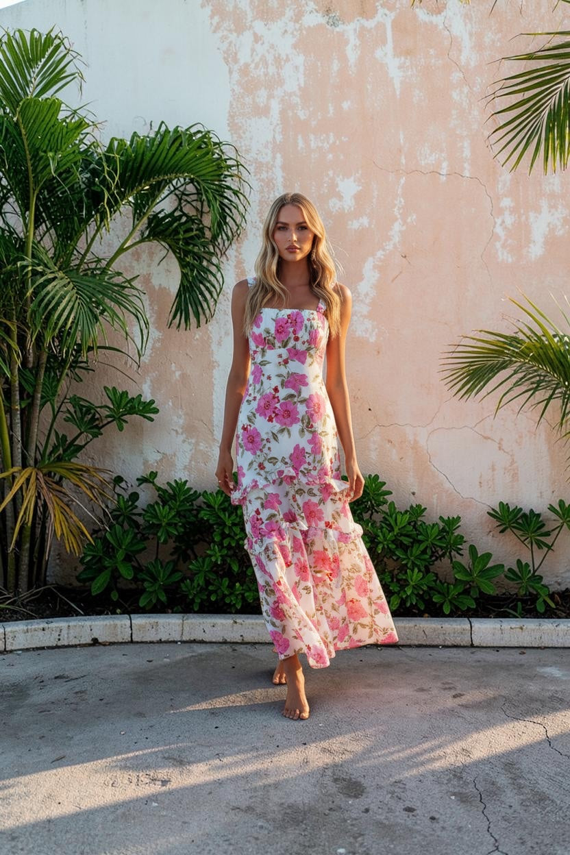 Woman wearing Las Palmas Pink Floral Maxi Dress featuring sweetheart neckline, ruched bust and floaty floral maxi silhouette