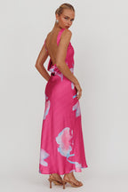 Fuchsia Satin Pink Floral Maxi Dress