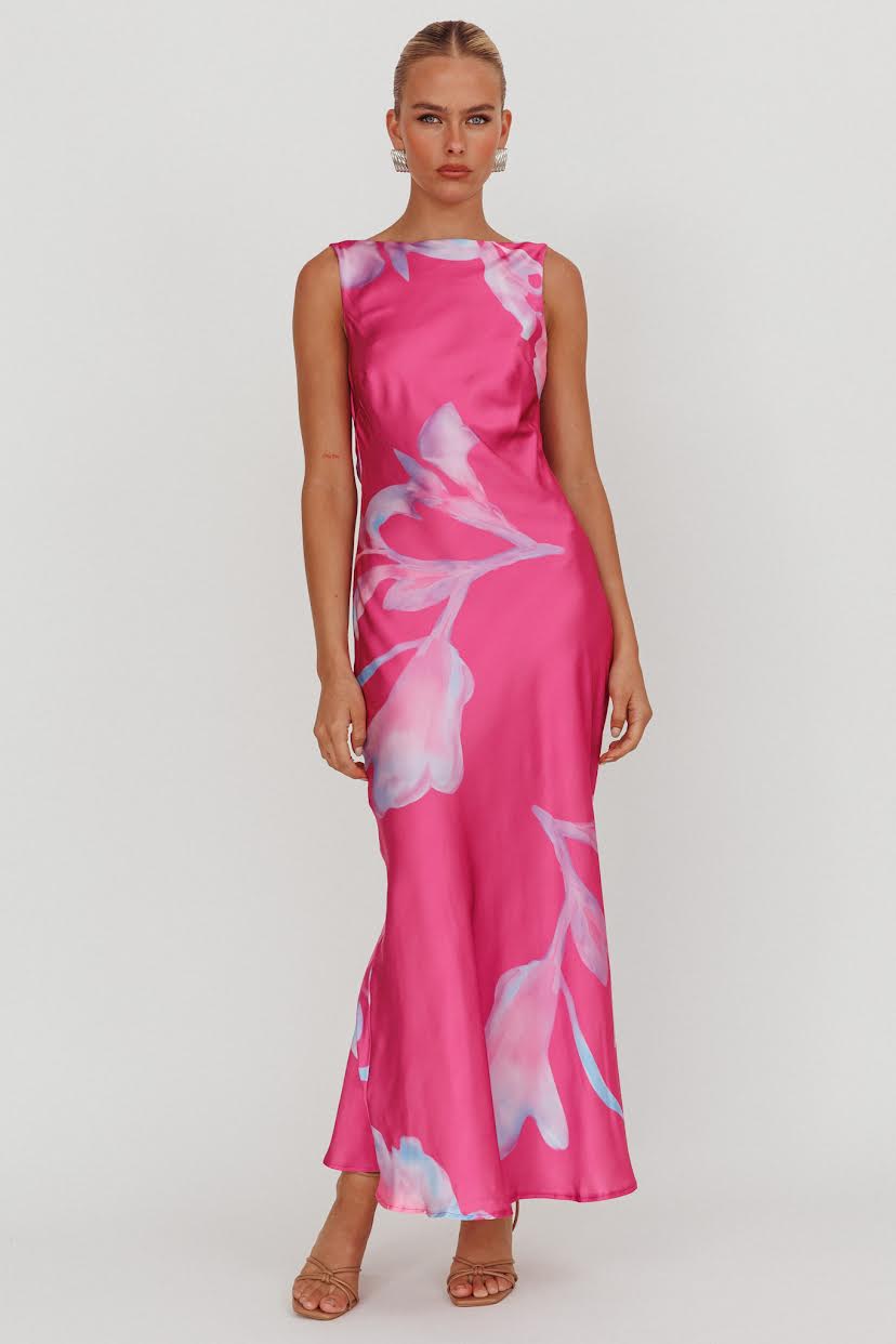 Fuchsia Satin Pink Floral Maxi Dress