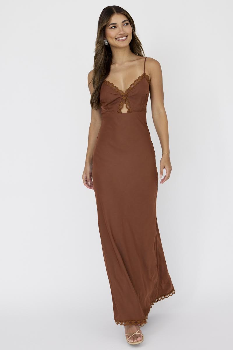 Chocolate satin lace detail maxi dress featuring a silky finish, elegant lace accents and a flattering silhouette for formal occasions and evening wear