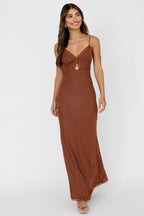Chocolate satin lace detail maxi dress featuring a silky finish, elegant lace accents and a flattering silhouette for formal occasions and evening wear