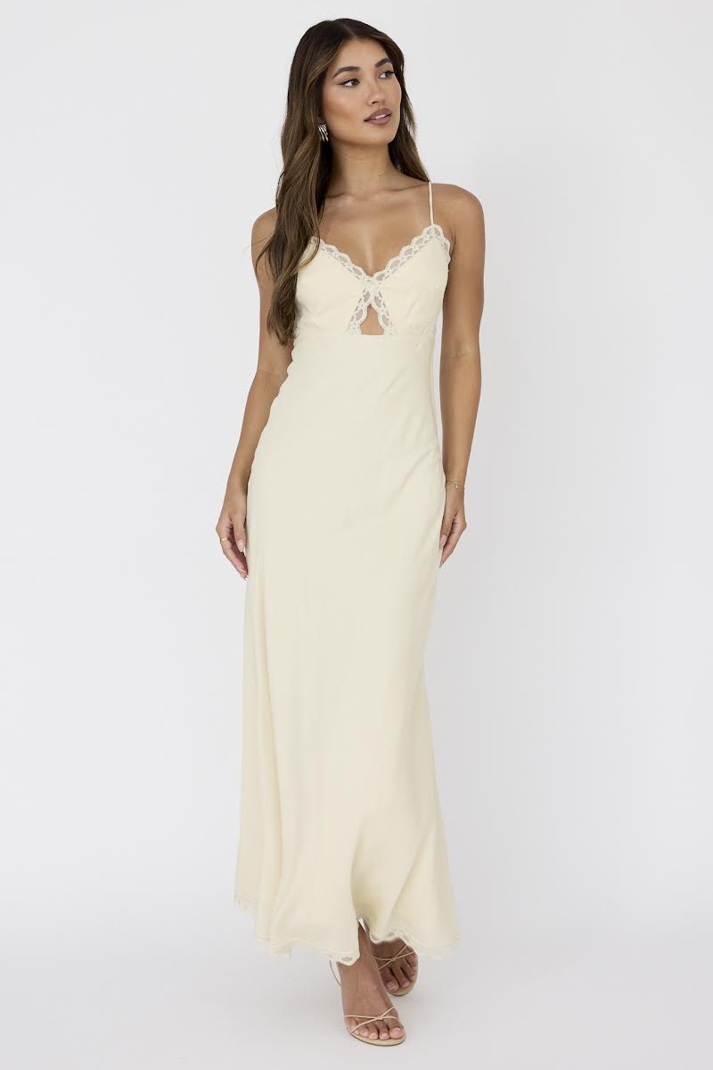 Cream Satin Lace Detail Maxi Dress