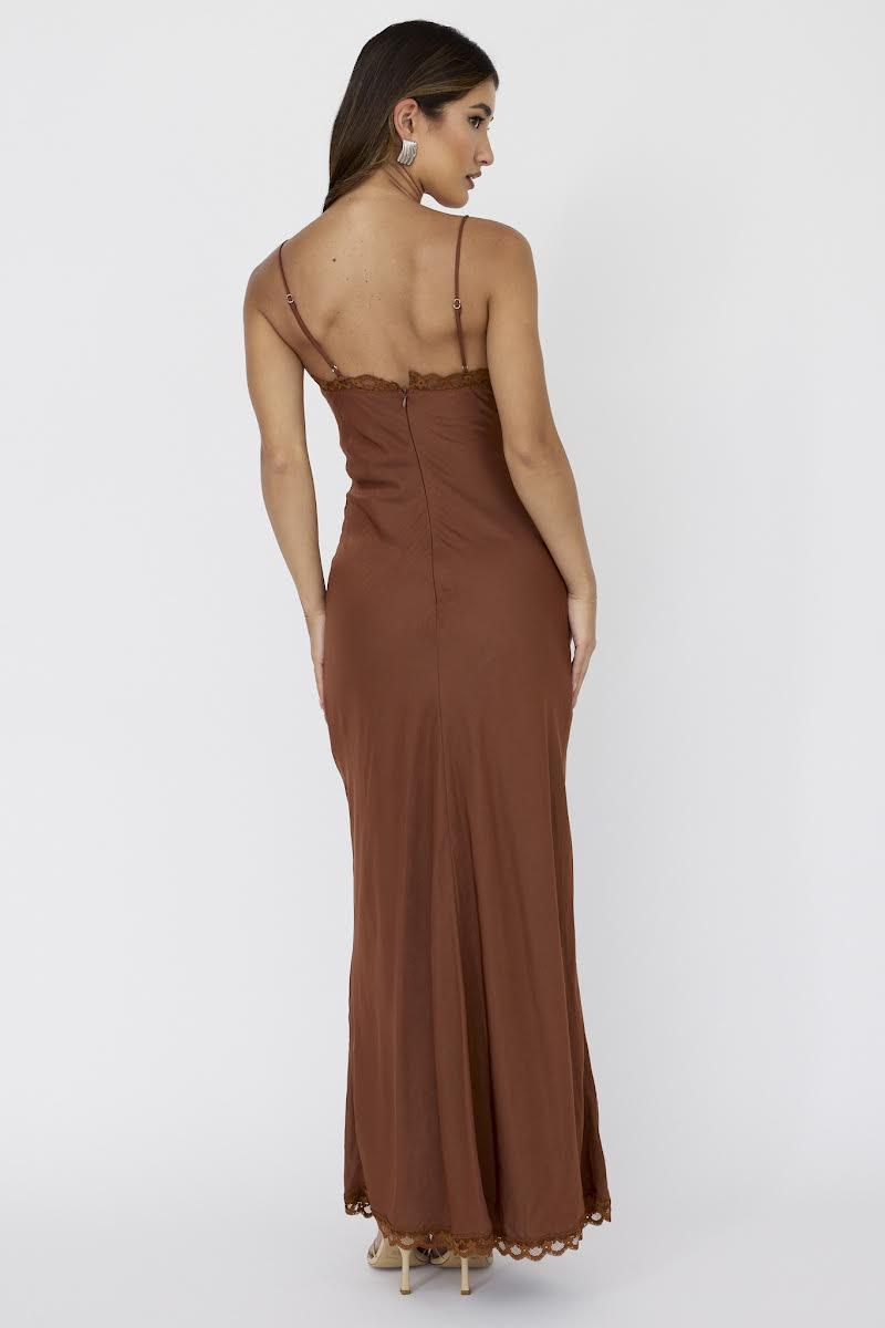 Chocolate Satin Lace Detail Maxi Dress