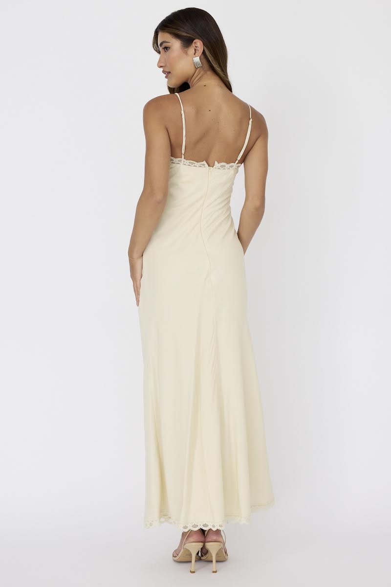 Cream Satin Lace Detail Maxi Dress