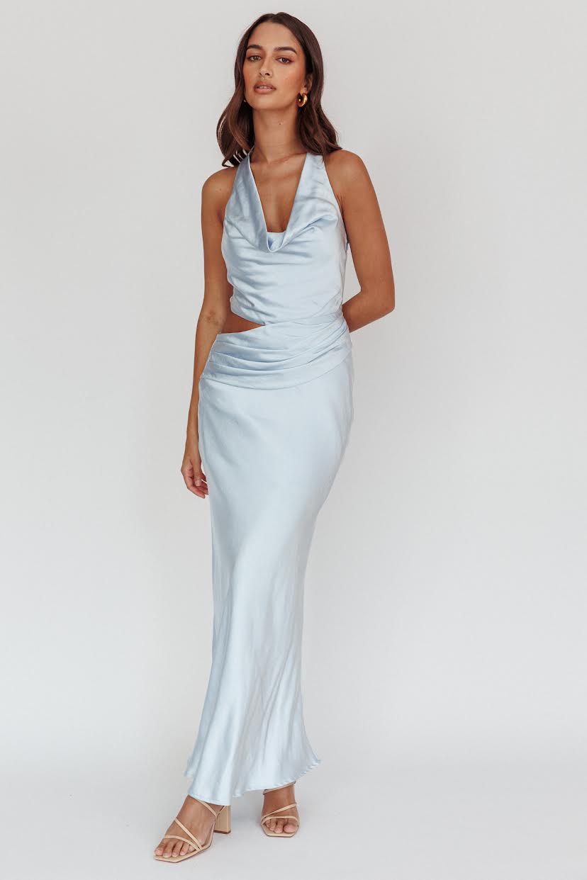 Baby Blue Satin Halter Neck Dress | Albi Rose Boutique