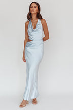 Baby Blue Satin Halter Neck Dress | Albi Rose Boutique