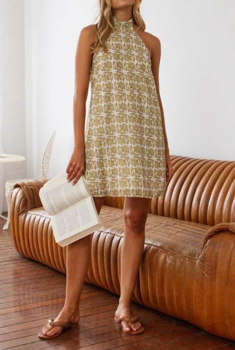 'Golden Lights' Lightweight Halterneck Mini Dress with Low Back