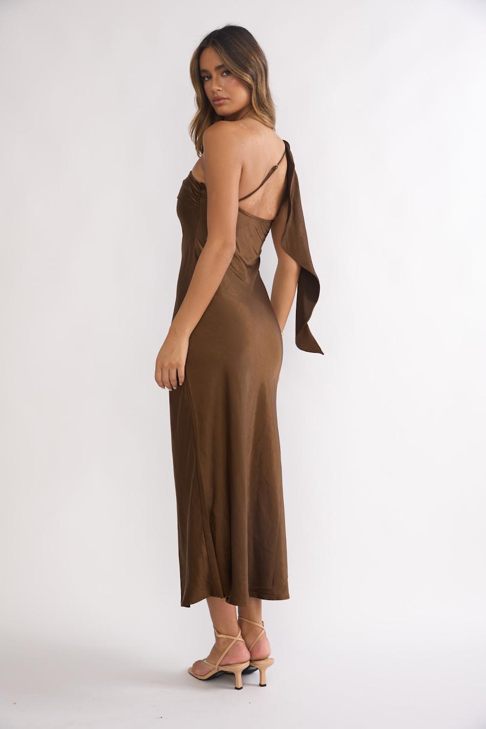 Caramel Satin Maxi Dress – One Shoulder Elegance