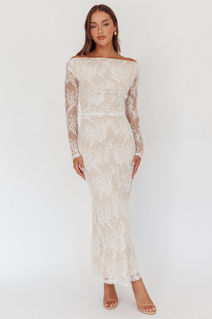 Ivory Lace Off-Shoulder Midi Dress – Elegant Long Sleeve Evening Dress