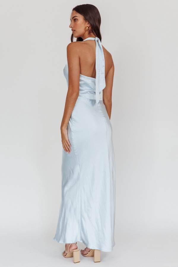 Baby Blue Satin Halter Neck Dress | Albi Rose Boutique