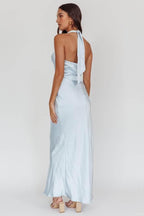Baby Blue Satin Halter Neck Dress | Albi Rose Boutique