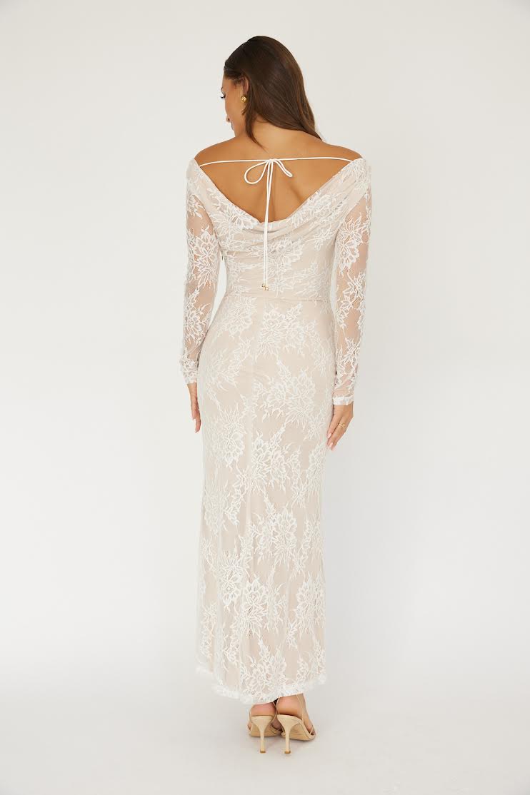 Ivory Lace Off-Shoulder Midi Dress – Elegant Long Sleeve Evening Dress