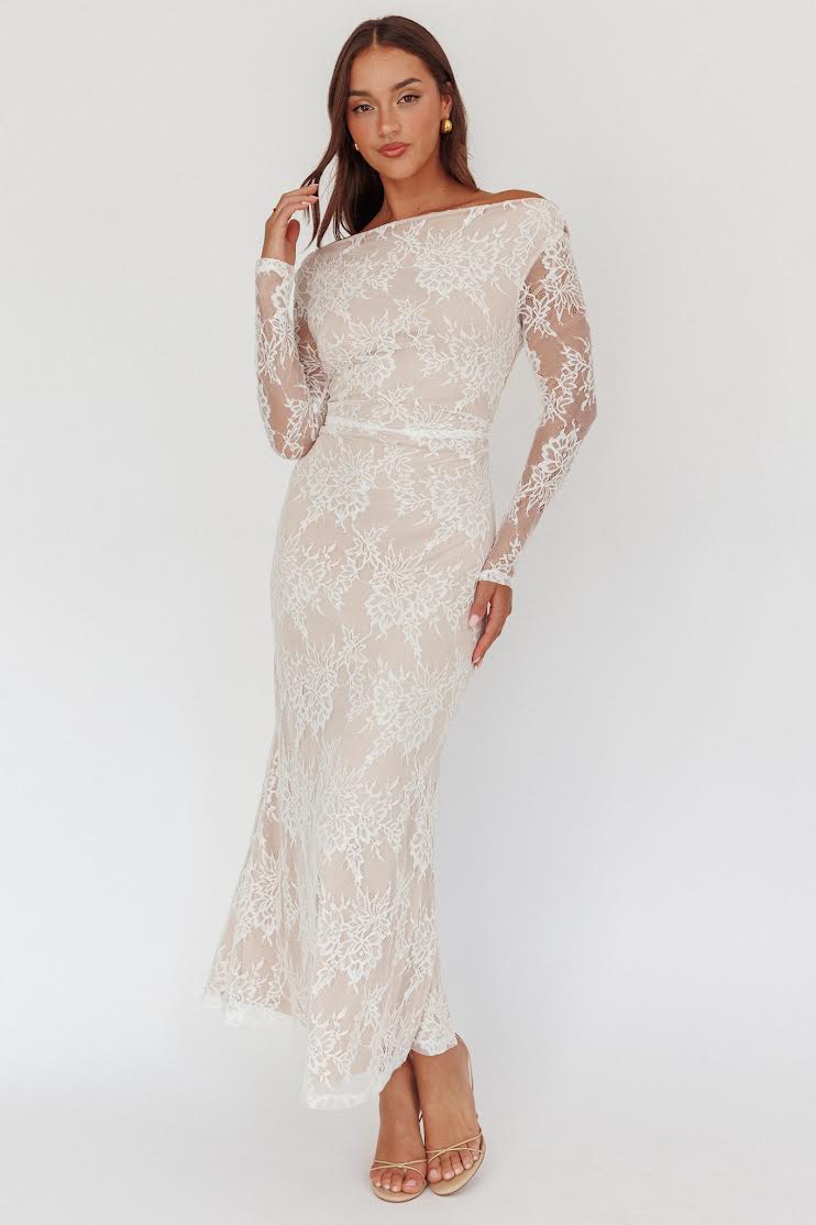 Ivory Lace Off-Shoulder Midi Dress – Elegant Long Sleeve Evening Dress