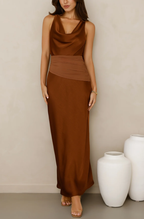 Sienna Satin Cowl Neck Maxi Dress – Chocolate Brown