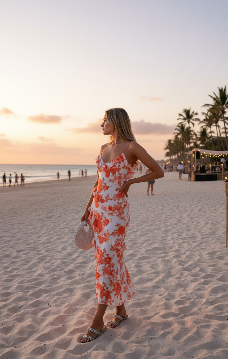 'Island Whisper' Frill Trim Orange Floral Maxi Dress