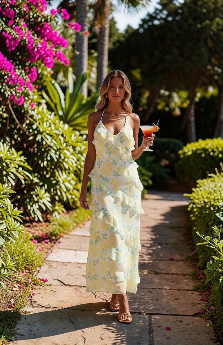 Natalia Ruffle Yellow  Maxi Dress