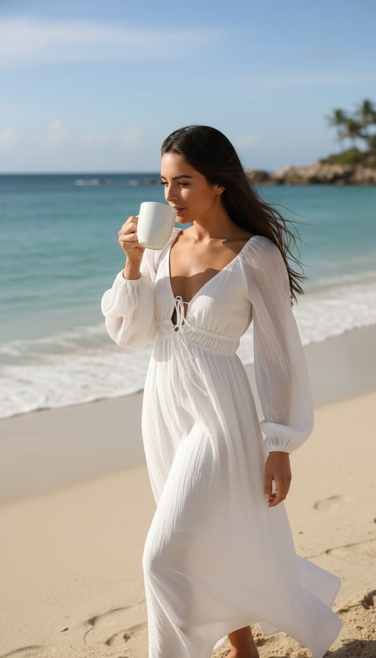 Elegant white maxi dress with statement balloon sleeves, feminine silhouette and sophisticated style from Albi Rose Boutique.