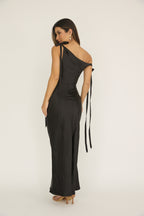 Valentina Black Satin Asymmetric Maxi Dress