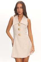 Amelia Gold Button Mini Dress – Latte