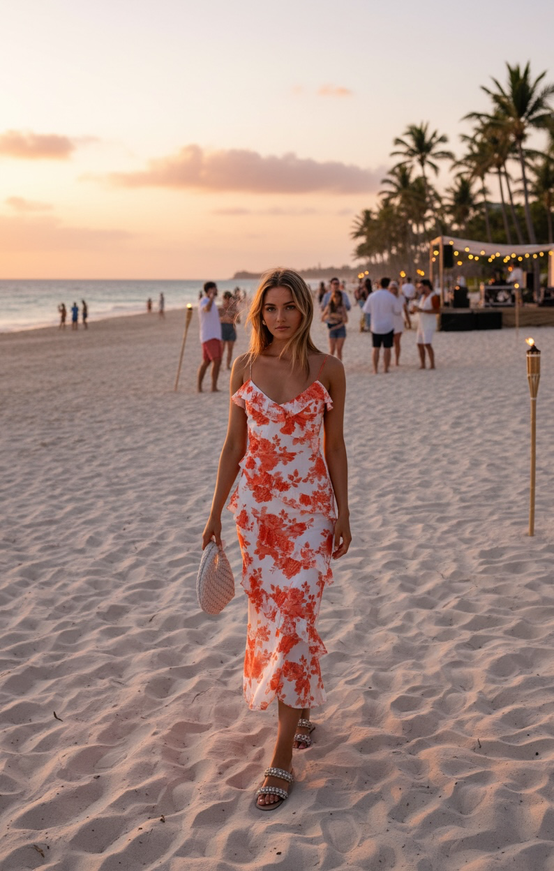 'Island Whisper' Frill Trim Orange Floral Maxi Dress