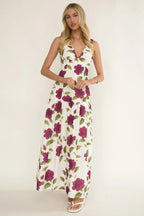 Woman wearing a floral dress on a white background