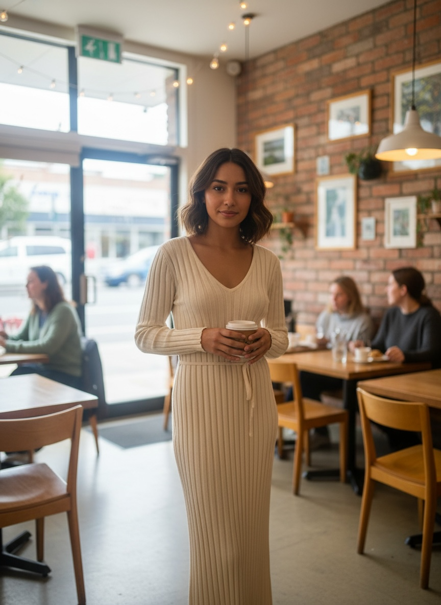 Woman wearing a cream ribbed knit long sleeve maxi dress with waist tie in a modern cafe setting