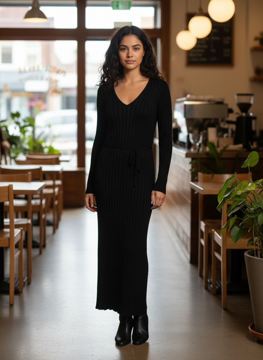 Woman wearing a black ribbed knit maxi dress with long sleeves, V-neckline and waist tie, styled with black ankle boots.