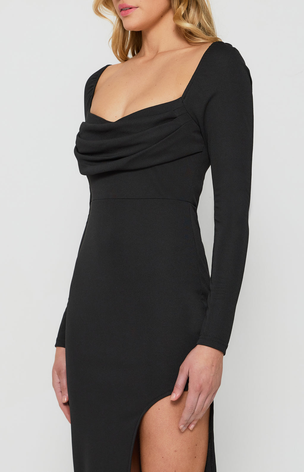 Draped Neckline Bodycon Dress with Curved Hem