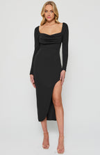 Draped Neckline Bodycon Dress with Curved Hem
