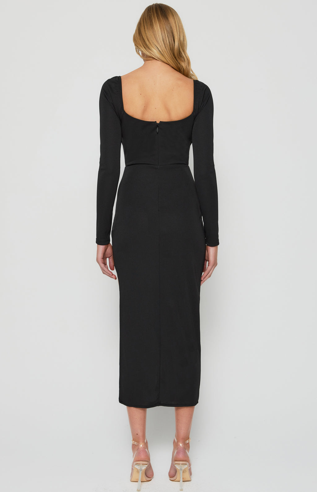 Draped Neckline Bodycon Dress with Curved Hem