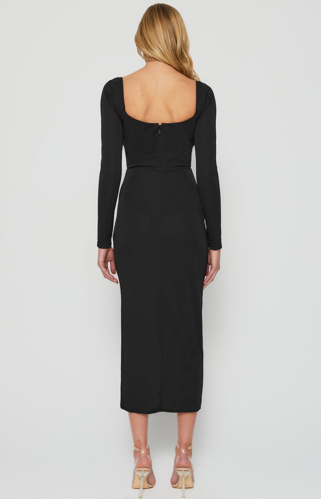 Draped Neckline Bodycon Dress with Curved Hem