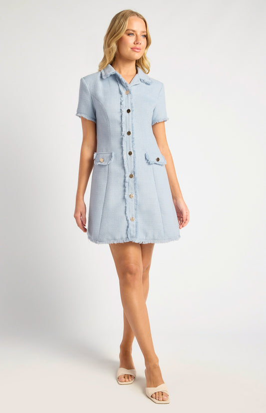 Celine Gold Button Feature Fray Detail Collared Tweed Dress