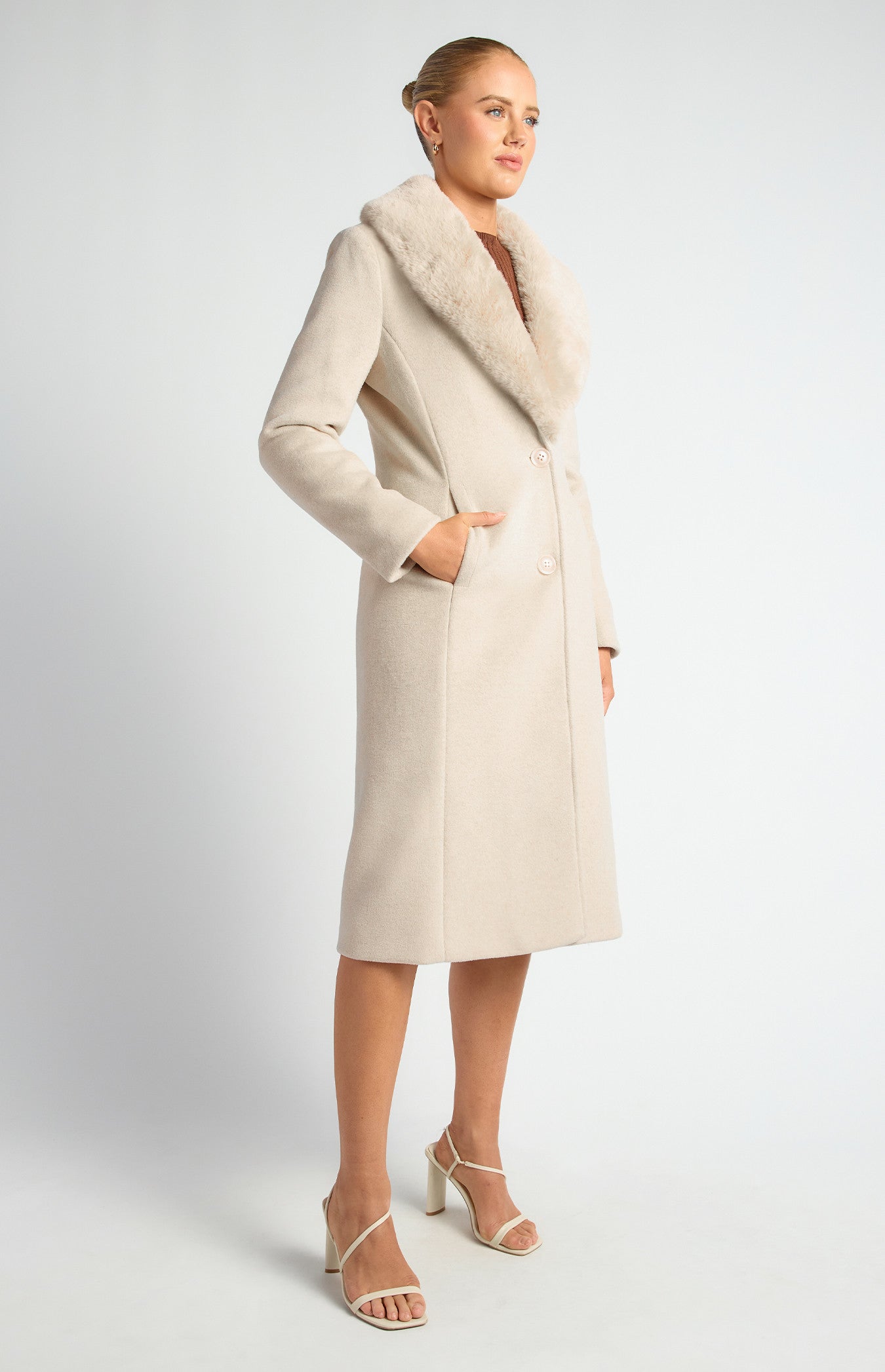 Detachable Fur Collar Faux Wool Coat