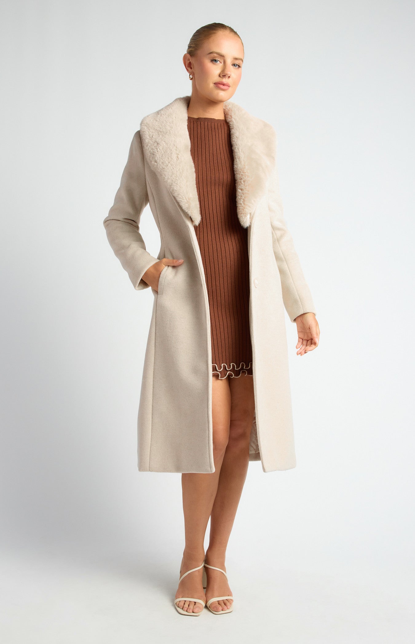 Detachable Fur Collar Faux Wool Coat